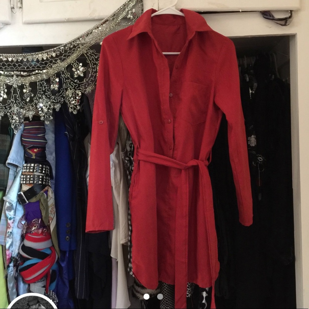 Red button up dress tunic with belt tie